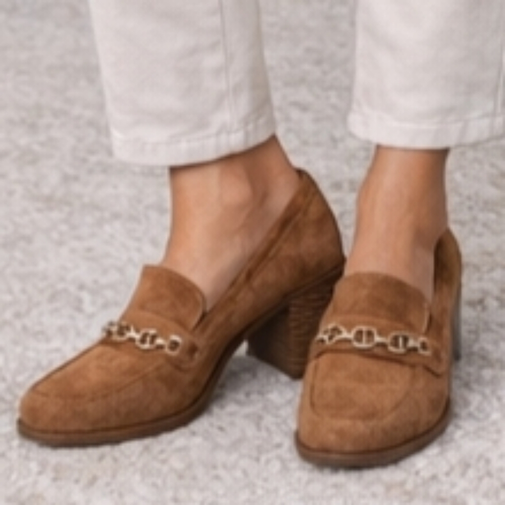 Alex Marie Tan Suede Chain-Trim Block Heel Loafers